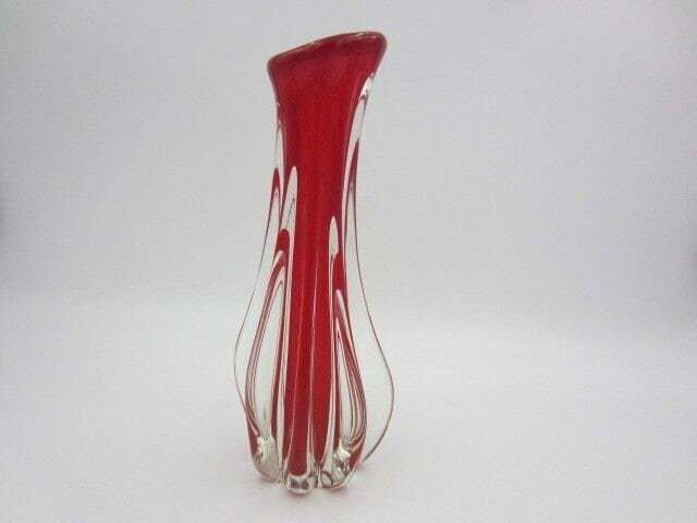 Mcm Italian Murano Bright Red Art Glass Pulled Rib Sommerso Vase C1960s photo buy