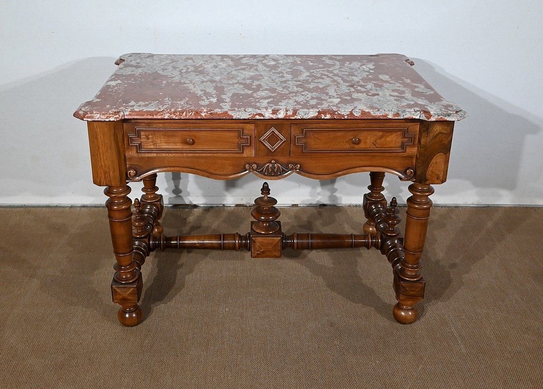Game Table In Solid Walnut And Incarnat Turquin Marble, Louis XIII Style, Early 20th Century