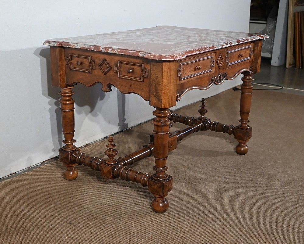 Game Table In Solid Walnut And Incarnat Turquin Marble, Louis XIII Style, Early 20th Century photo for sale
