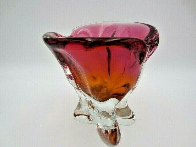 Hand Crafted Chribska Art Glass Vase Pink And Amber Czech photo for sale