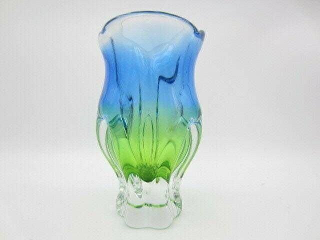 Beautiful Chribska Acid Green And Blue Sommerso Art Glass Tulip Vase photo for sale