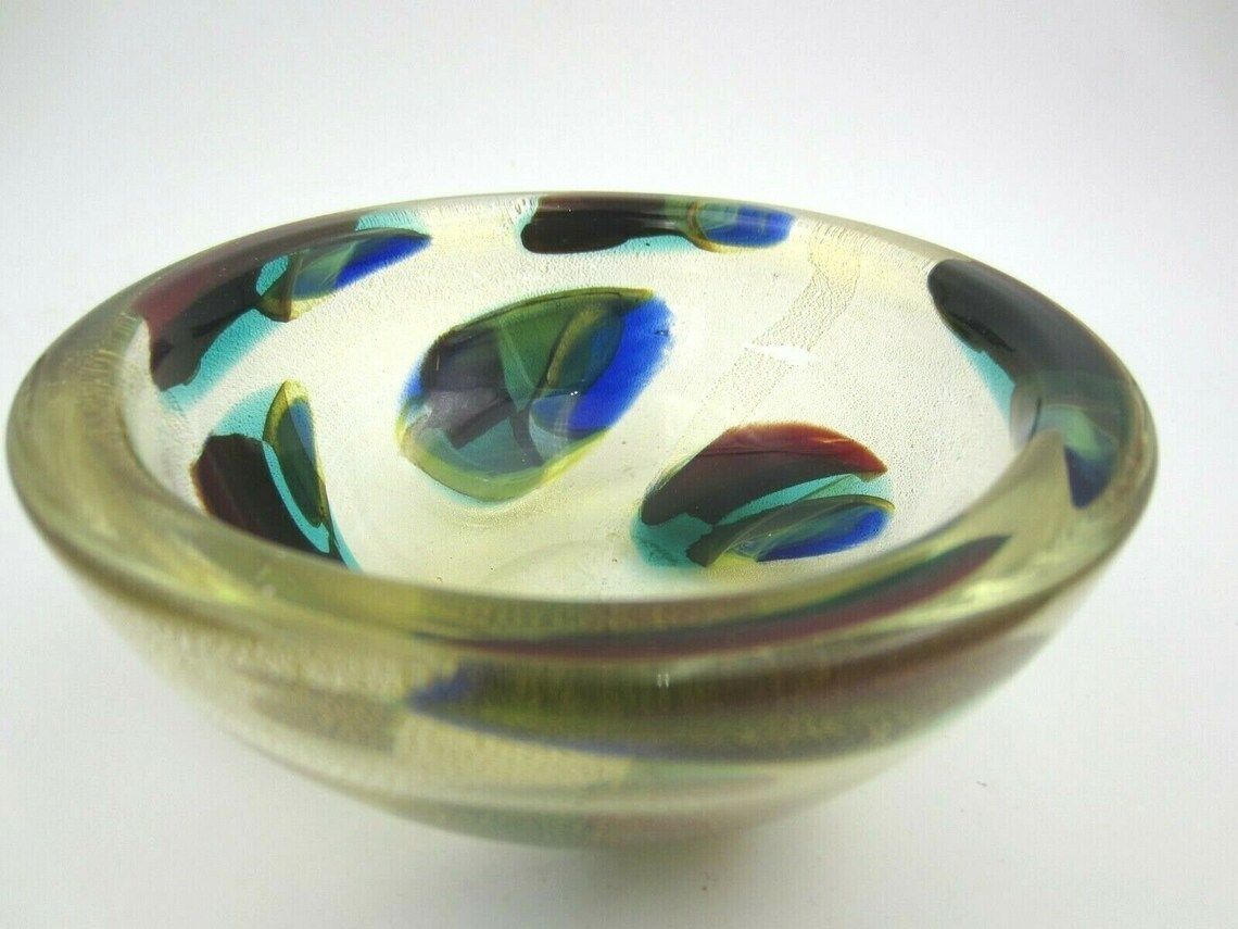 Archimede Seguso Gold Dust "Macchie Ambra Verde" Art Glass Murano Bowl 50s Find photo for sale