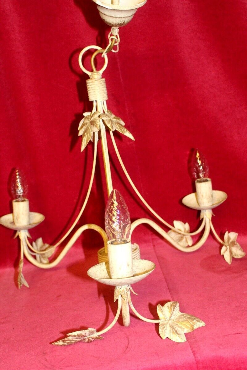 107.0 Italian Metal Tole Were Beige Chandelier 3 Arms With Golden Leaves photo
