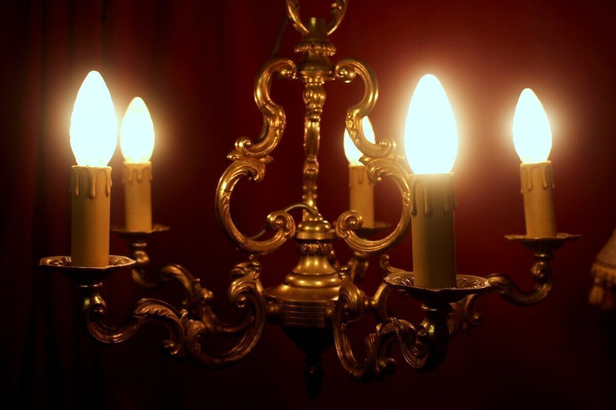 Heavy French Vintage Embossed Brass Chandelier Rococo Bird Cage Style 5 Arms photo vinterior