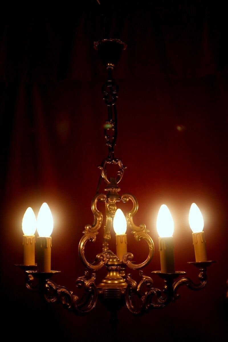 photo furniture Heavy French Vintage Embossed Brass Chandelier Rococo Bird Cage Style 5 Arms
