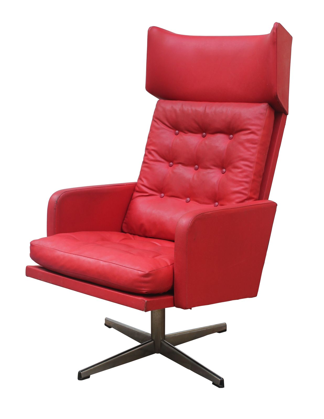 1970s Red Leather Swivel Armchair