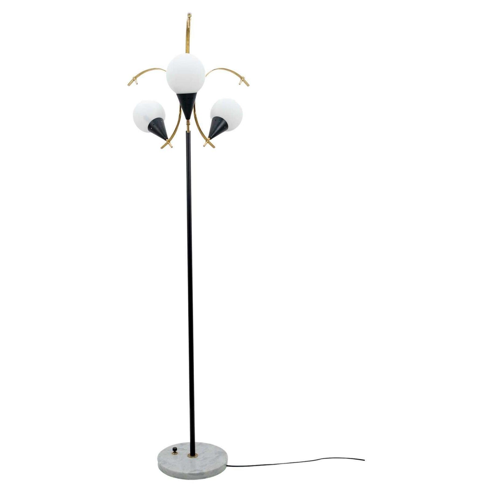 Stilnovo Mid Century Modern Italian Brass And Opaline Glass Floor Lamp, 1950s