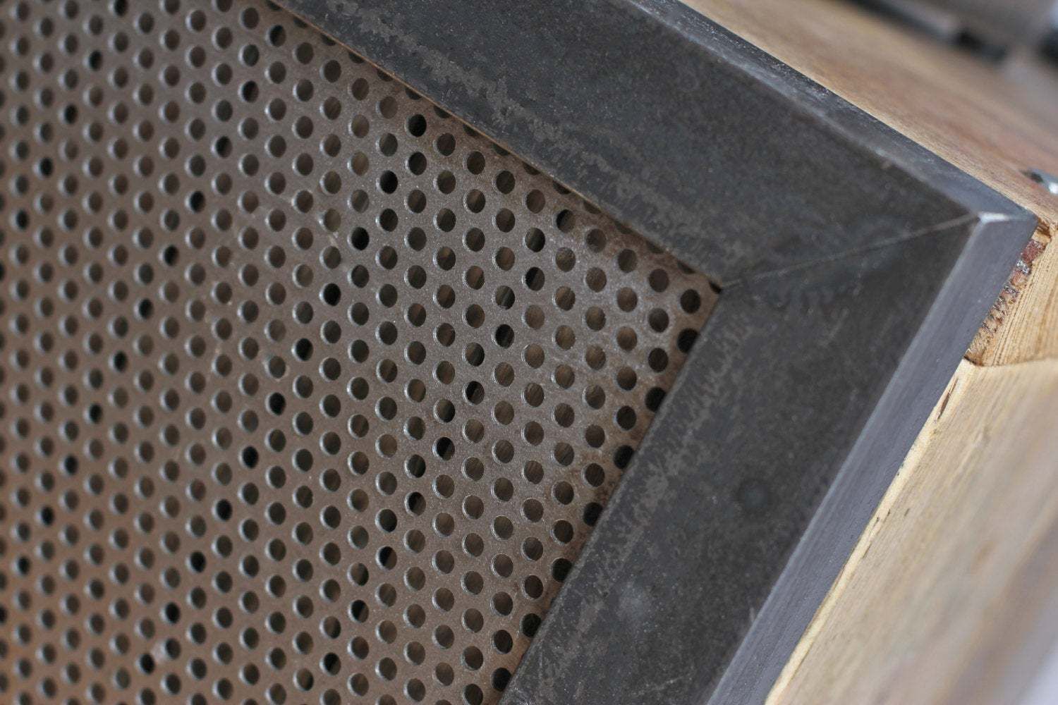 Sam Reclaimed Scaffolding Board Media Unit With Slatted Wood And Perforated Steel Clad Doors   Bespoke Furniture photo 1495.0