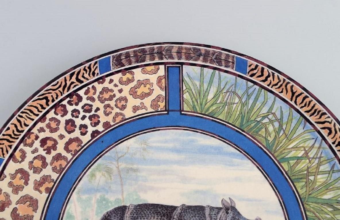 Gien, France, Large Savane Porcelain Dish With Hand Painted Rhinoceros photo for sale