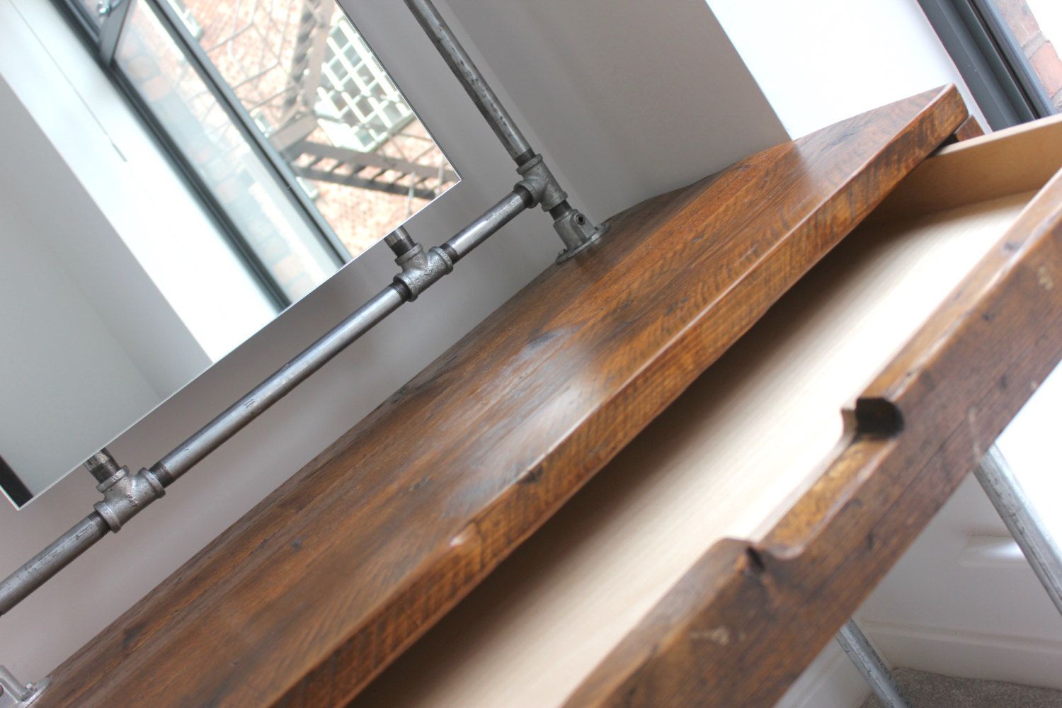 Meila Reclaimed Medium Oak Stained Scaffolding Board Industrial Style Dressing Table With Galvanised Threaded Steel Pipe Framed Mirror photo for sale