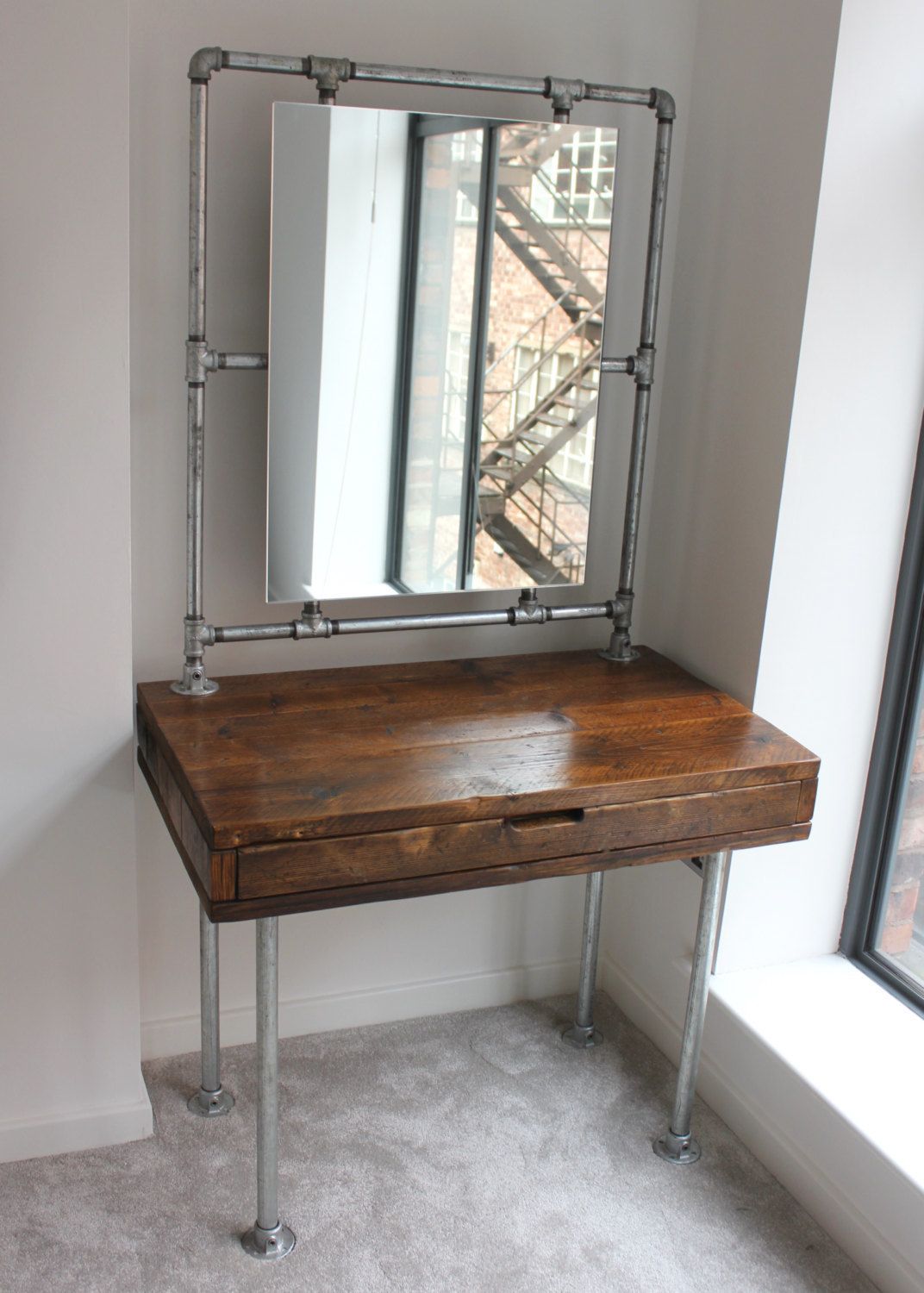 Meila Reclaimed Medium Oak Stained Scaffolding Board Industrial Style Dressing Table With Galvanised Threaded Steel Pipe Framed Mirror photo 1725.0