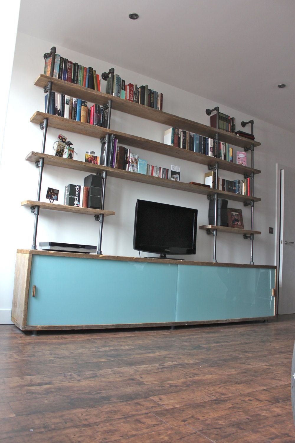Simeon Reclaimed Scaffolding Board Storage Unit With Painted Glass Sliding Doors And Dark Steel Supported Shelving photo for sale