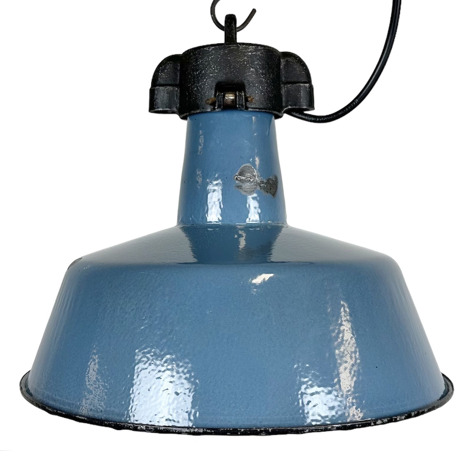 Industrial Blue Enamel Factory Lamp With Cast Iron Top, 1960s, 4x