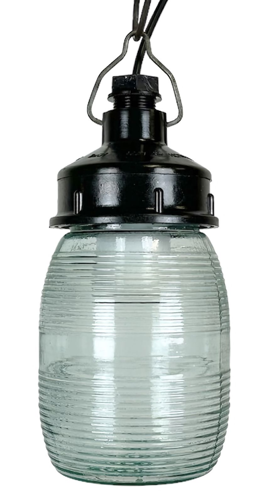 Industrial Bakelite Pendant Light With Ribbed Glass, 1970s