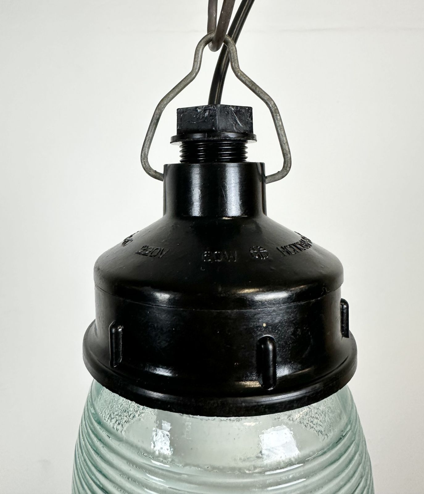 Industrial Bakelite Pendant Light With Ribbed Glass, 1970s photo vintage