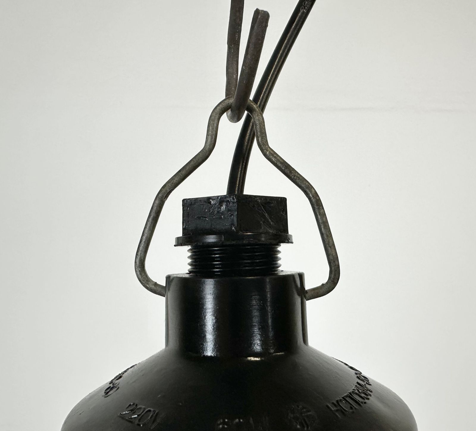 photo for sale Industrial Bakelite Pendant Light With Ribbed Glass, 1970s