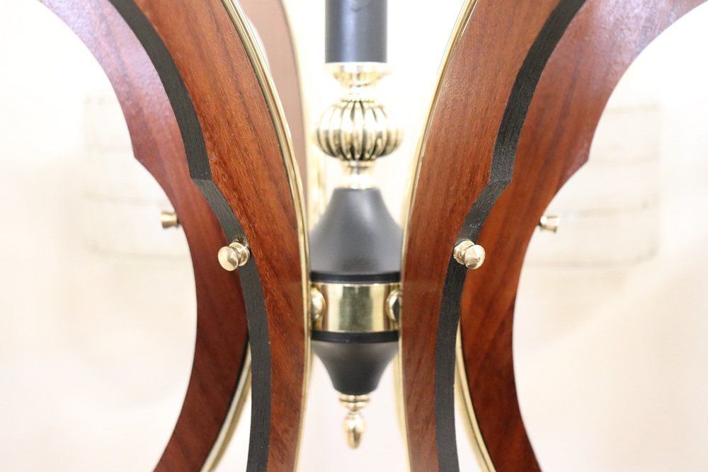 Mid Century Italian Glass Bowls Wood Brass And Black Lacquered Metal Chandelier 1950s photo Lighting