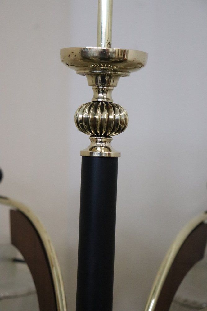 Mid Century Italian Glass Bowls Wood Brass And Black Lacquered Metal Chandelier 1950s photo 2098.08