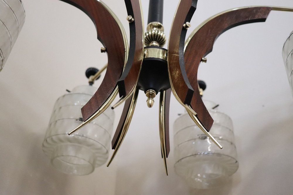 photo furniture Mid Century Italian Glass Bowls Wood Brass And Black Lacquered Metal Chandelier 1950s