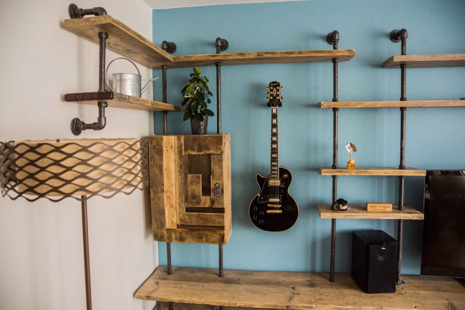 Aurelie Industrial Reclaimed Scaffolding Board And Dark Steel Pipe Multi Media And Shelving Unit   Bespoke Systems photo furniture