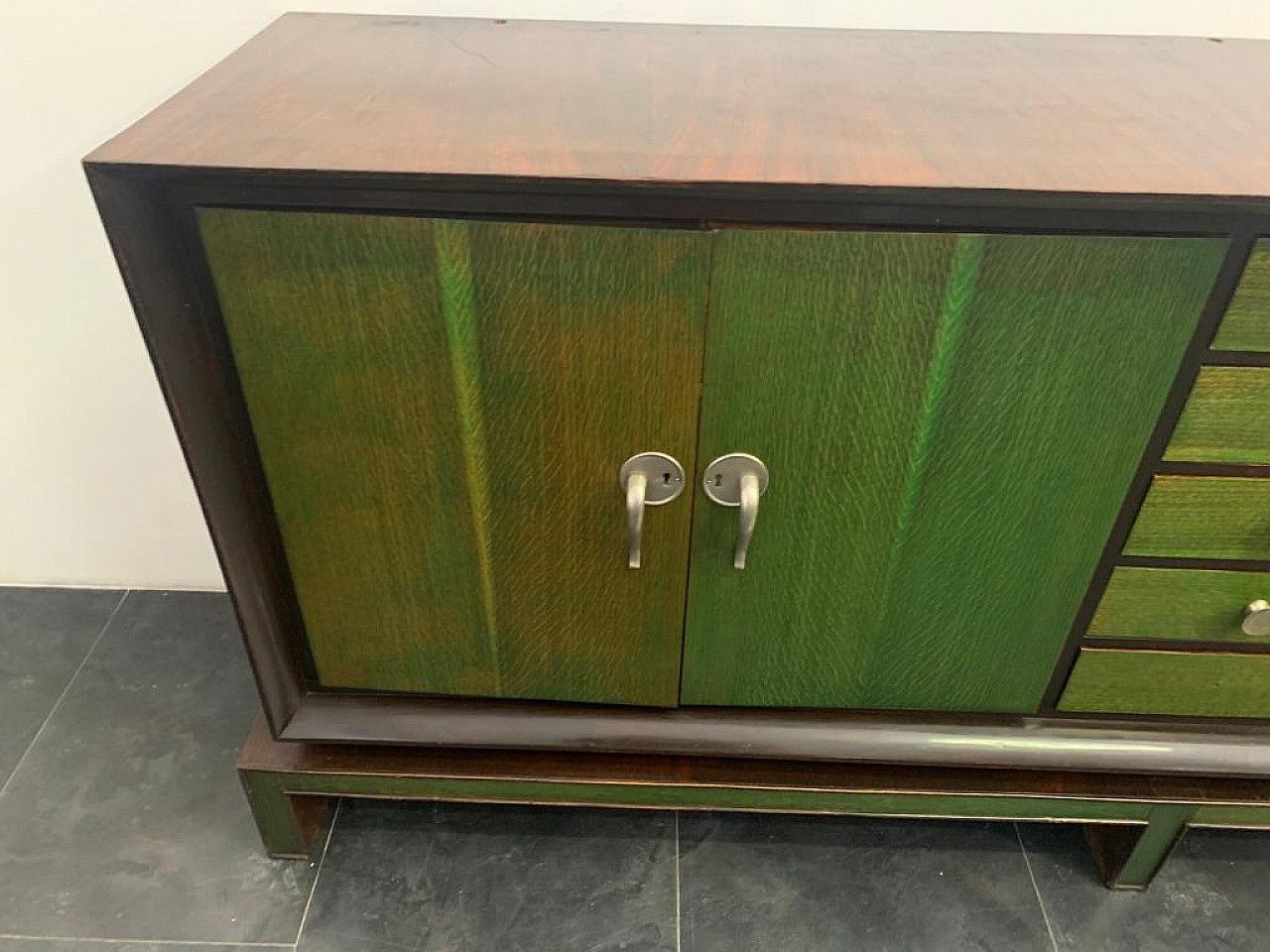 photo furniture Credenza With Mirror In Rosewood & Maple With Green Aniline Futurist Handles, 1930s, Set Of 2