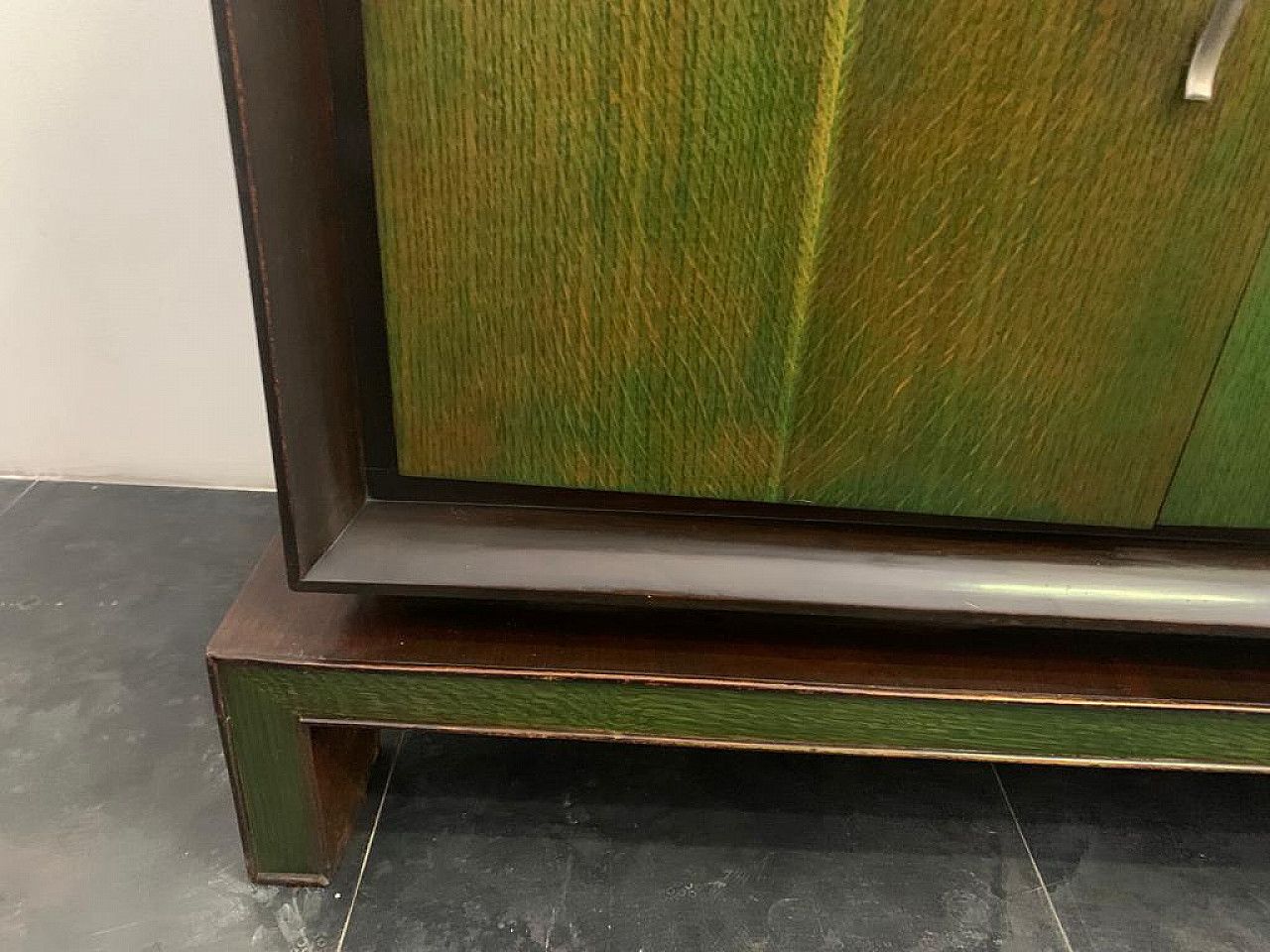 photo for sale Credenza With Mirror In Rosewood & Maple With Green Aniline Futurist Handles, 1930s, Set Of 2