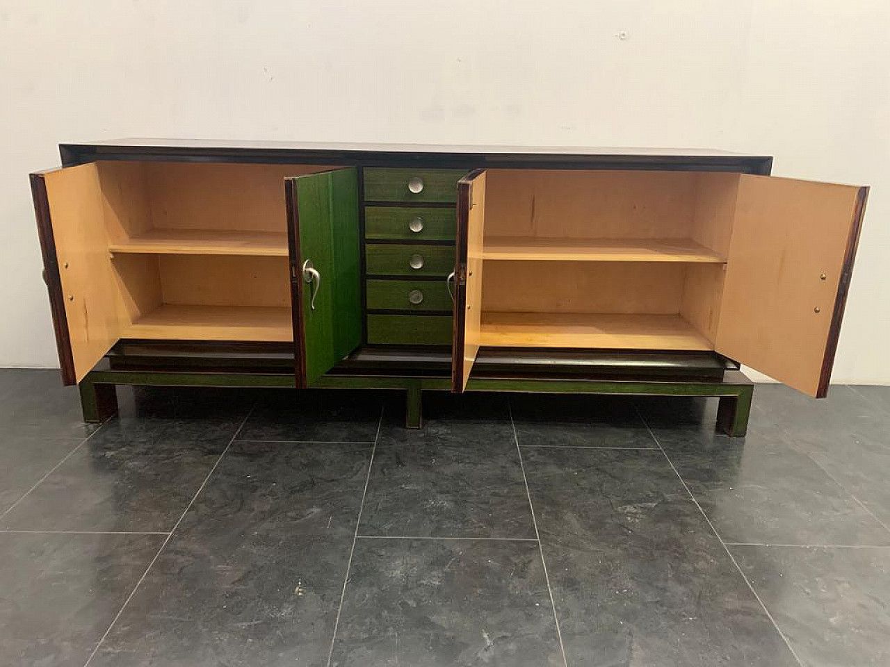 4840.16 Credenza With Mirror In Rosewood & Maple With Green Aniline Futurist Handles, 1930s, Set Of 2 photo