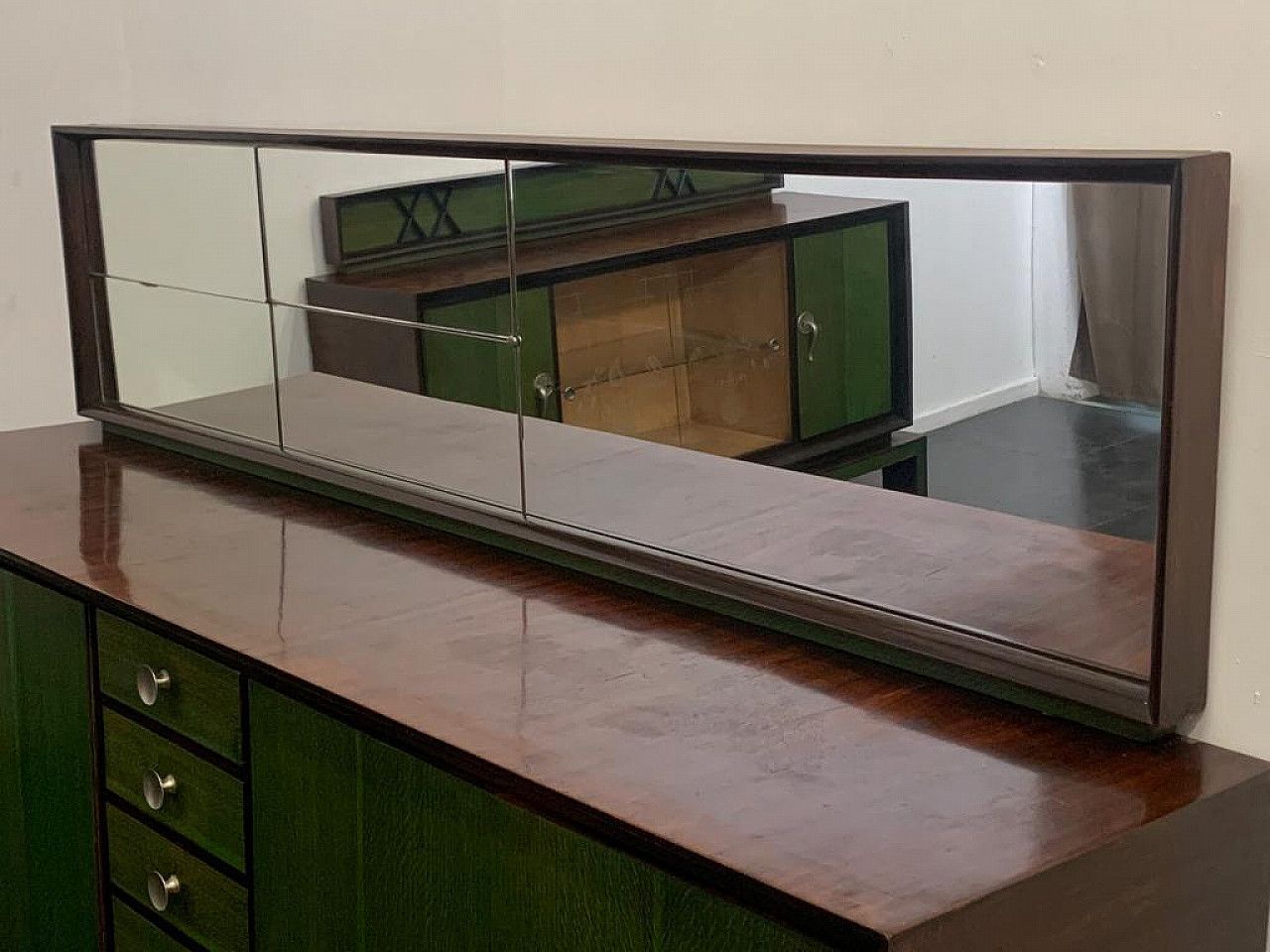 photo vinterior Credenza With Mirror In Rosewood & Maple With Green Aniline Futurist Handles, 1930s, Set Of 2