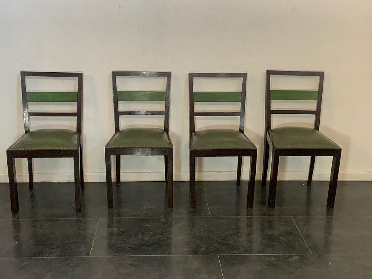 4 Art Deco Style Chairs In Green Stained Wood, 1940s photo furniture