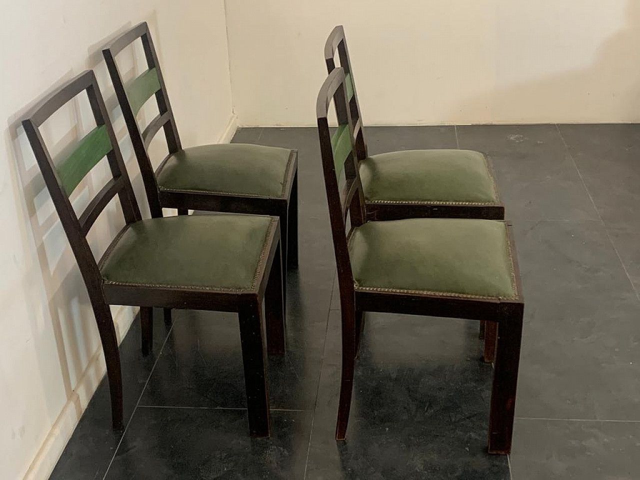 4 Art Deco Style Chairs In Green Stained Wood, 1940s photo 1614.08