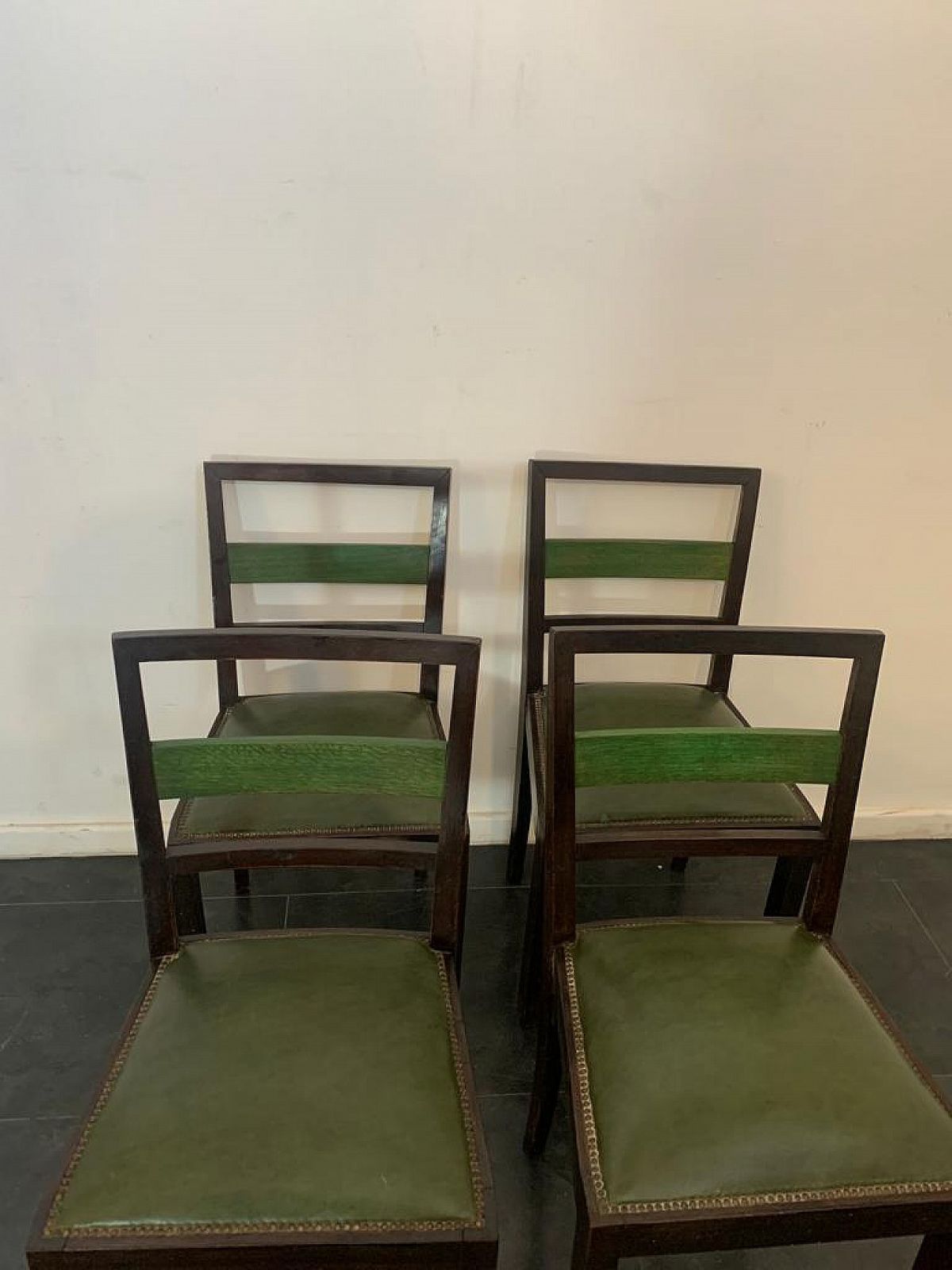photo furniture 4 Art Deco Style Chairs In Green Stained Wood, 1940s