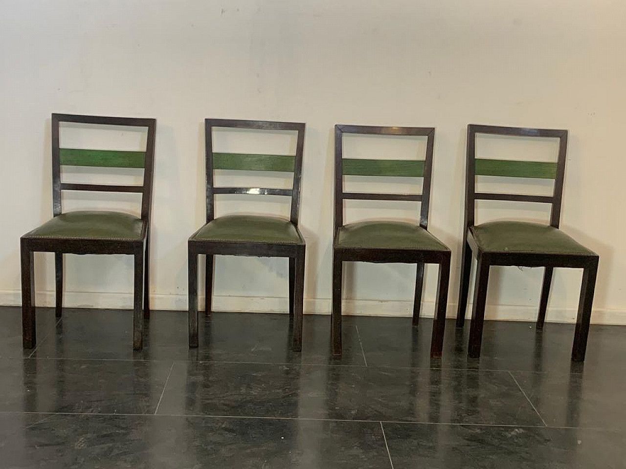 Furniture 4 Art Deco Style Chairs In Green Stained Wood, 1940s photo