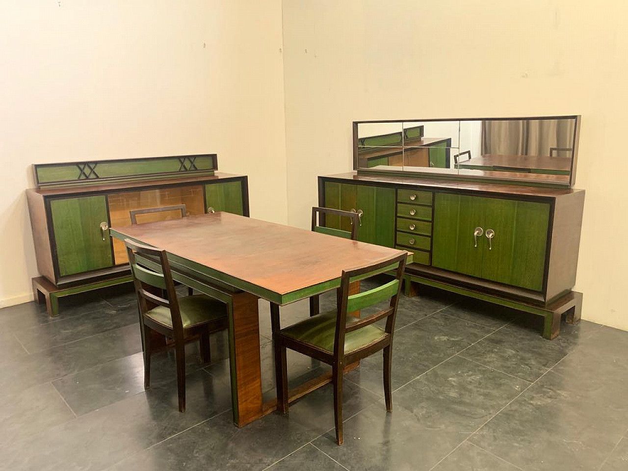 photo vinterior 4 Art Deco Style Chairs In Green Stained Wood, 1940s