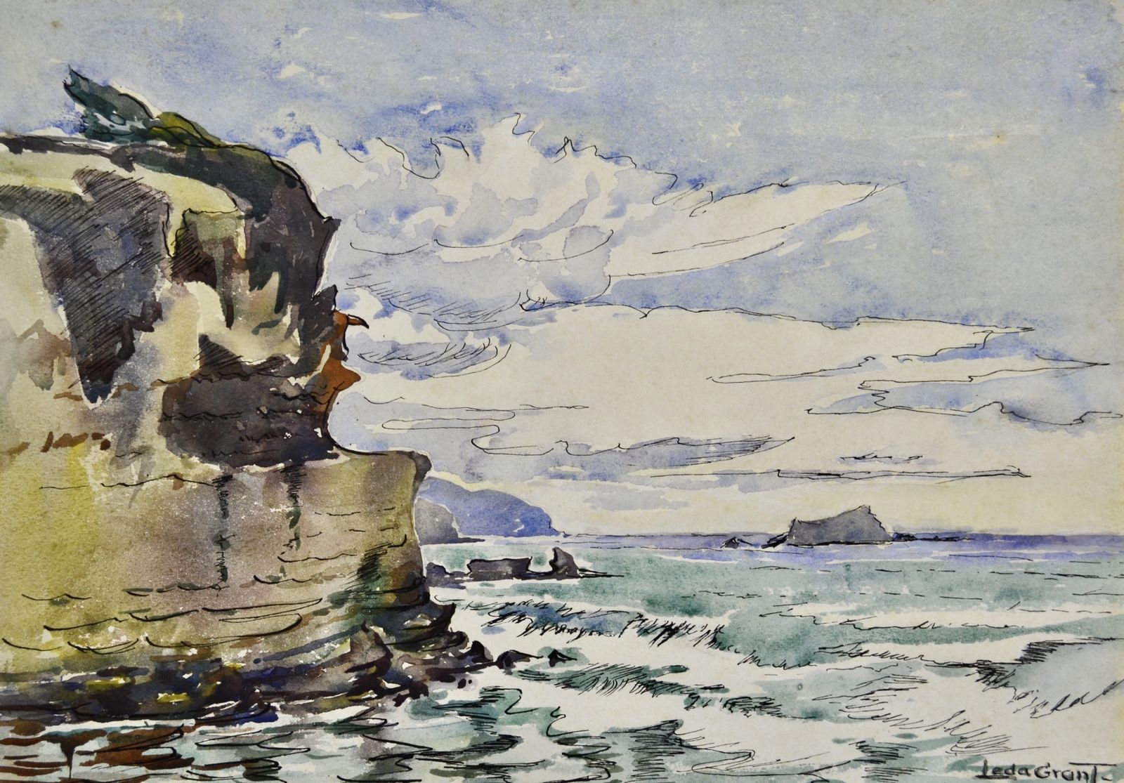 Muriwai, Auckland, New Zealand   Early 20th Century New Zealand Watercolour By Leda Grant