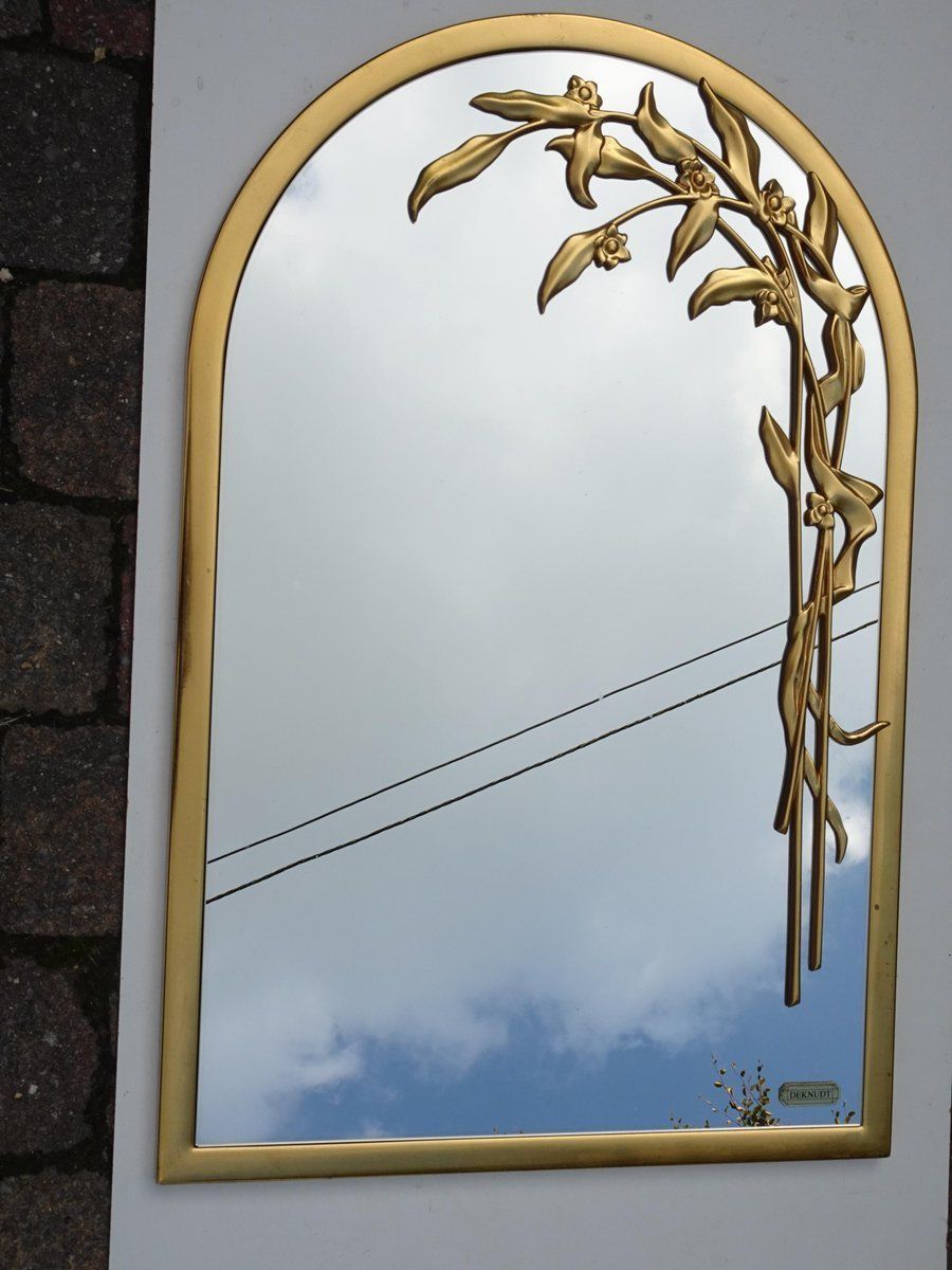 Round Gilt Wall Mirror Wiht Floral Design From Deknudt Belgium 1970s photo vinterior