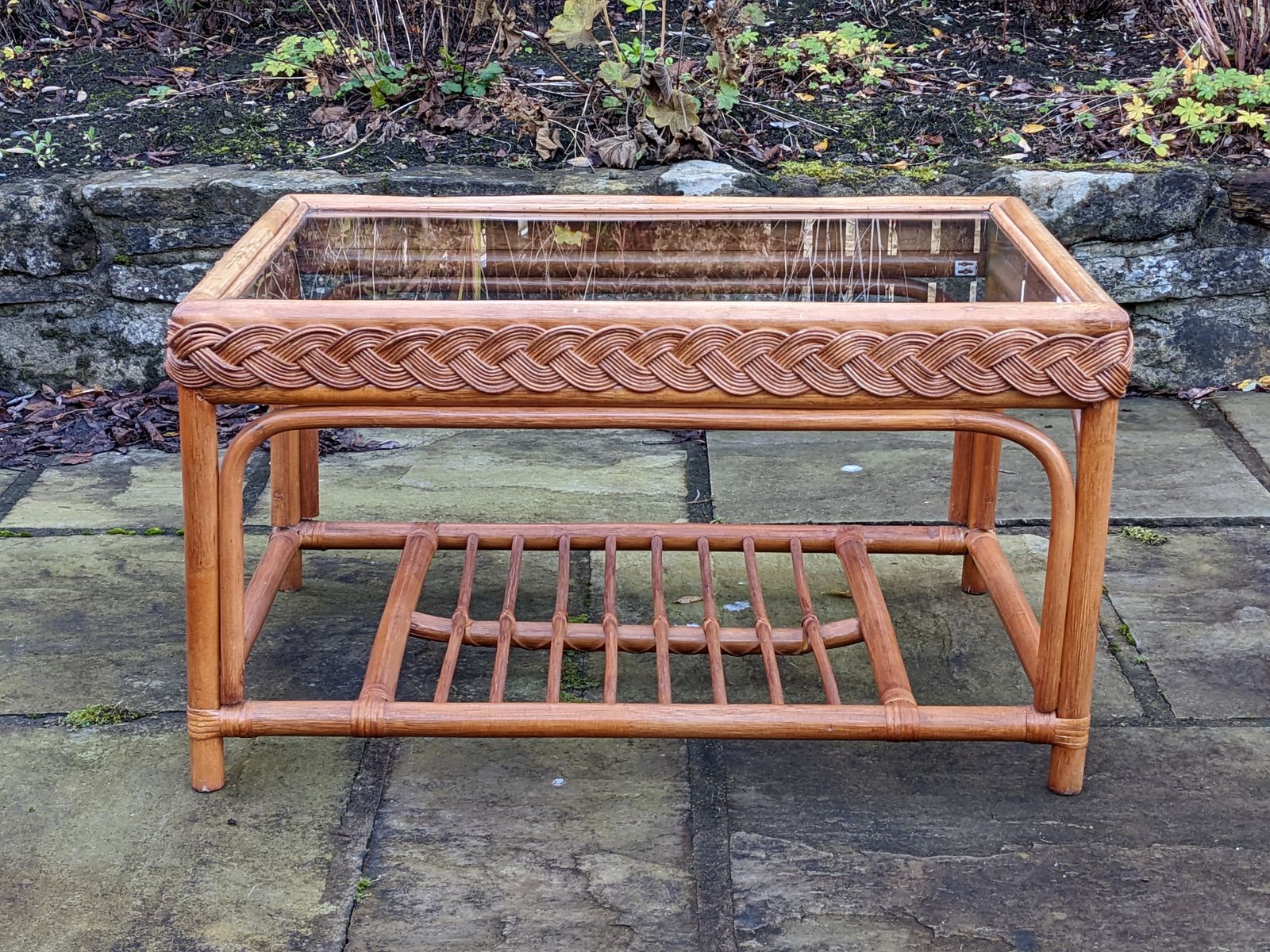 Vintage Boho Bamboo And Glass Coffee Table