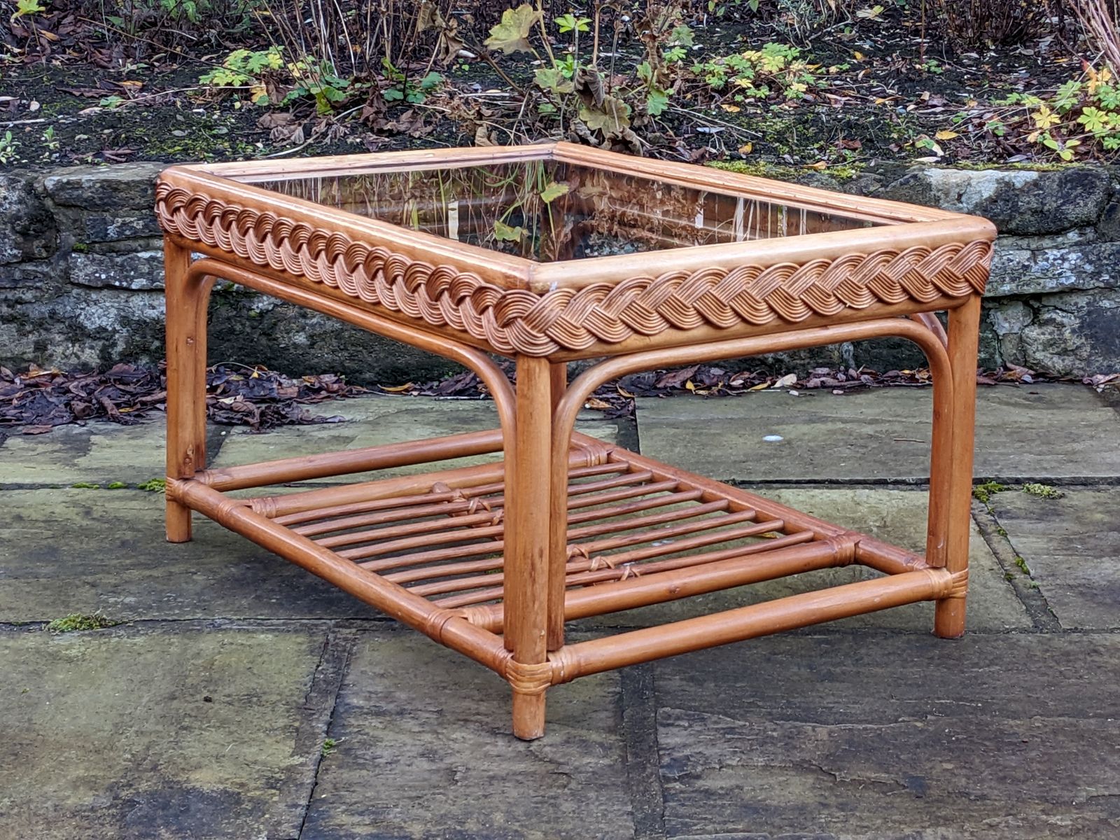 Vintage Boho Bamboo And Glass Coffee Table photo for sale