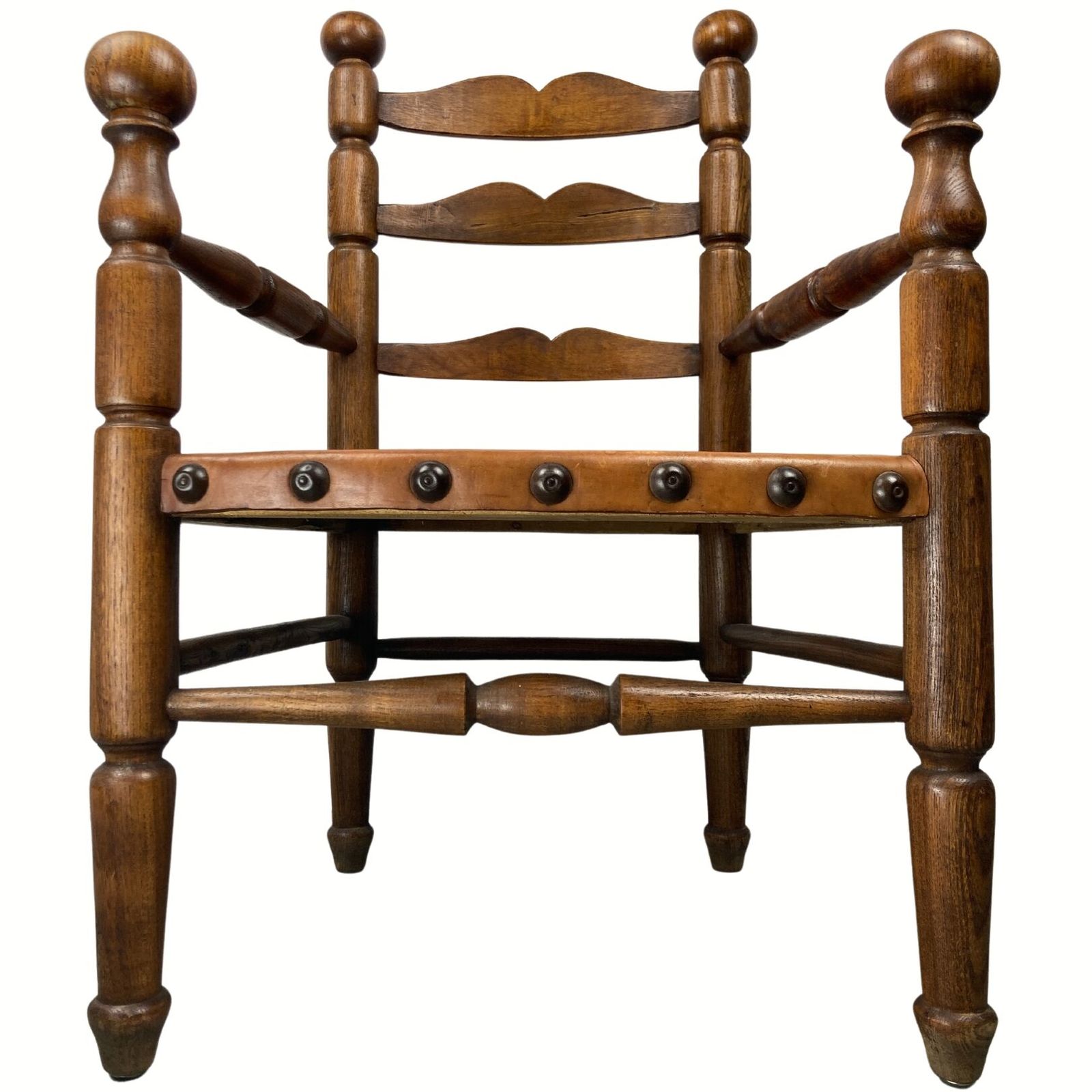photo for sale Rustic French Farm Chair, Leather Seat In The Manner Of Charles Dudouyt