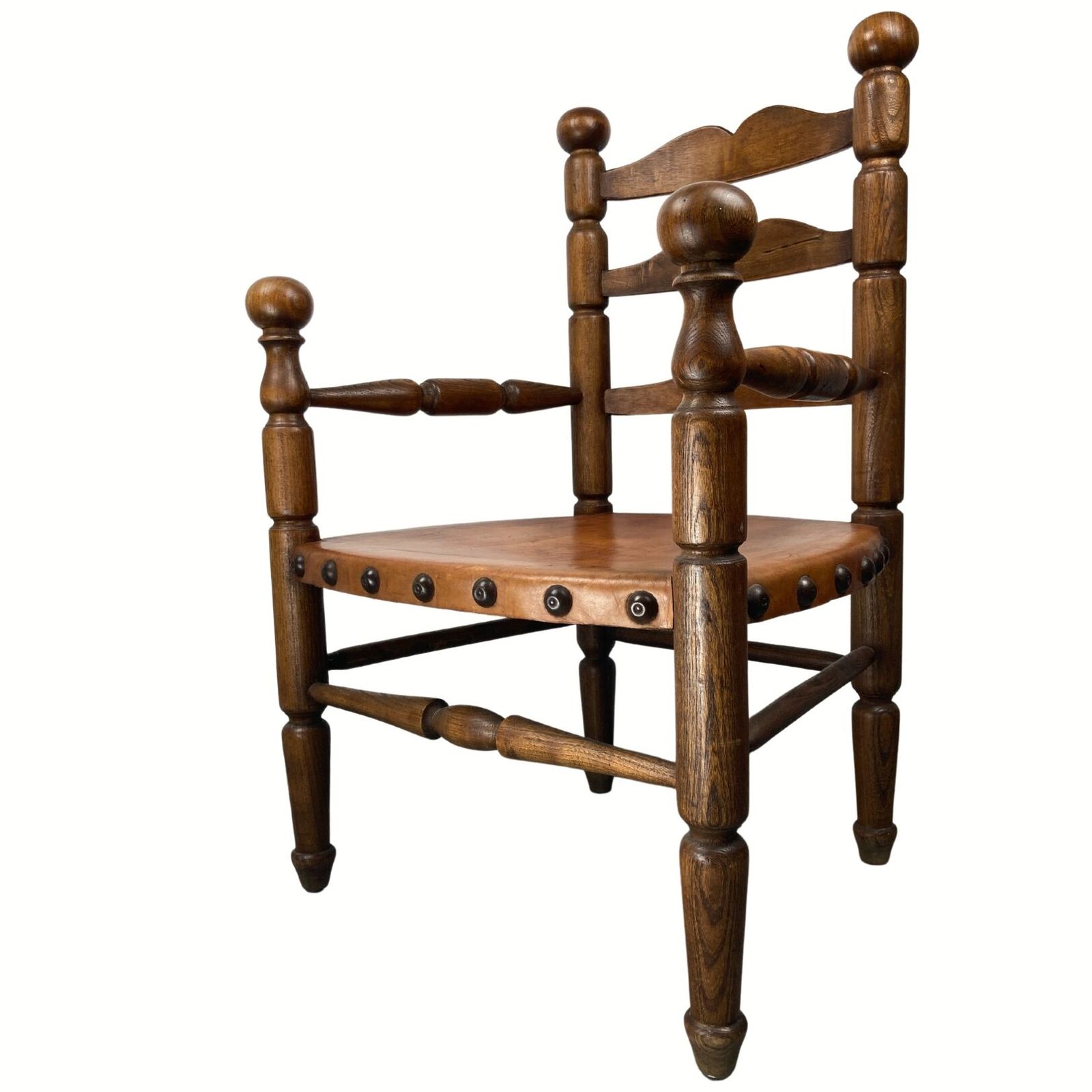 photo vintage Rustic French Farm Chair, Leather Seat In The Manner Of Charles Dudouyt