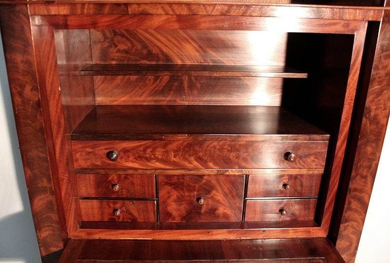 Furniture Narrow Secretary In Burl Mahogany Veneer, Restoration   1st Part Of The 19th Century photo