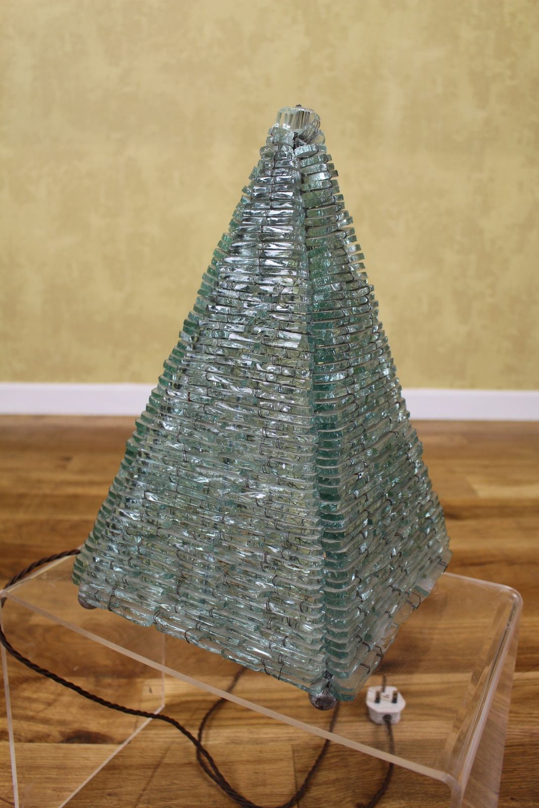 French 1970’s Wired Glass Pyramid Lamp 40cms photo Lighting