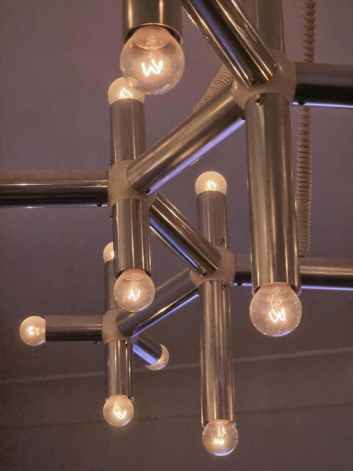 Large Chandelier, Model "Atomic", Midcentury Modern, White Plastic And Aluminium photo furniture