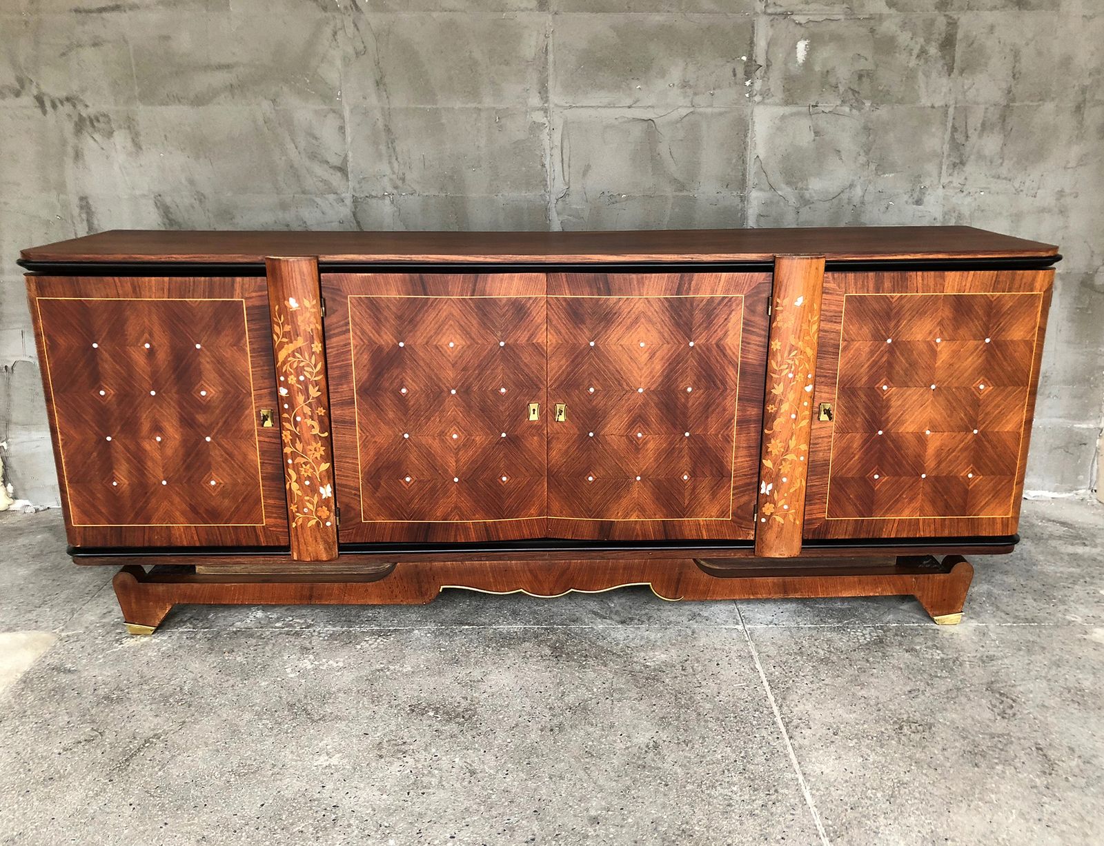 Exceptional French Art Deco Palisander Marquetry Sideboard Of Jules And Andre Leleu With Inlaid Of Mother Of Pearl photo for sale