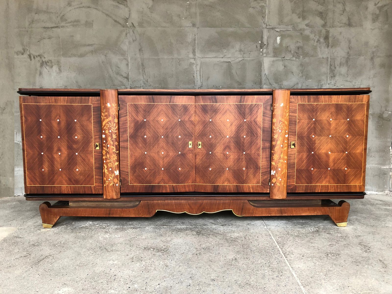 Exceptional French Art Deco Palisander Marquetry Sideboard Of Jules And Andre Leleu With Inlaid Of Mother Of Pearl