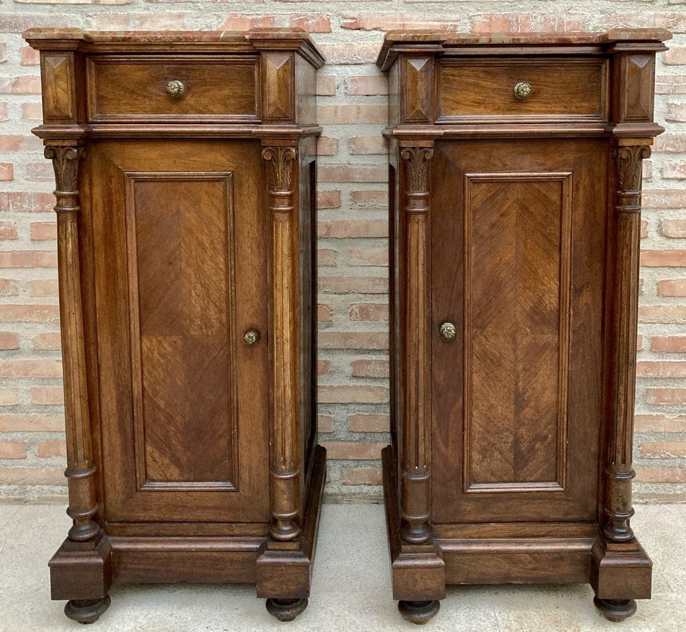 Antique Louis XVI Nightstands With Red Marble Top 1890s Set Of 2