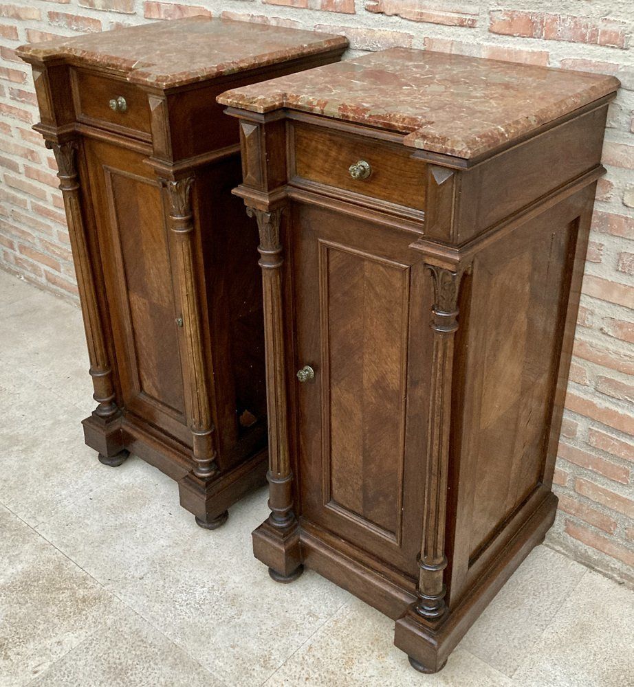 photo vinterior Antique Louis XVI Nightstands With Red Marble Top 1890s Set Of 2