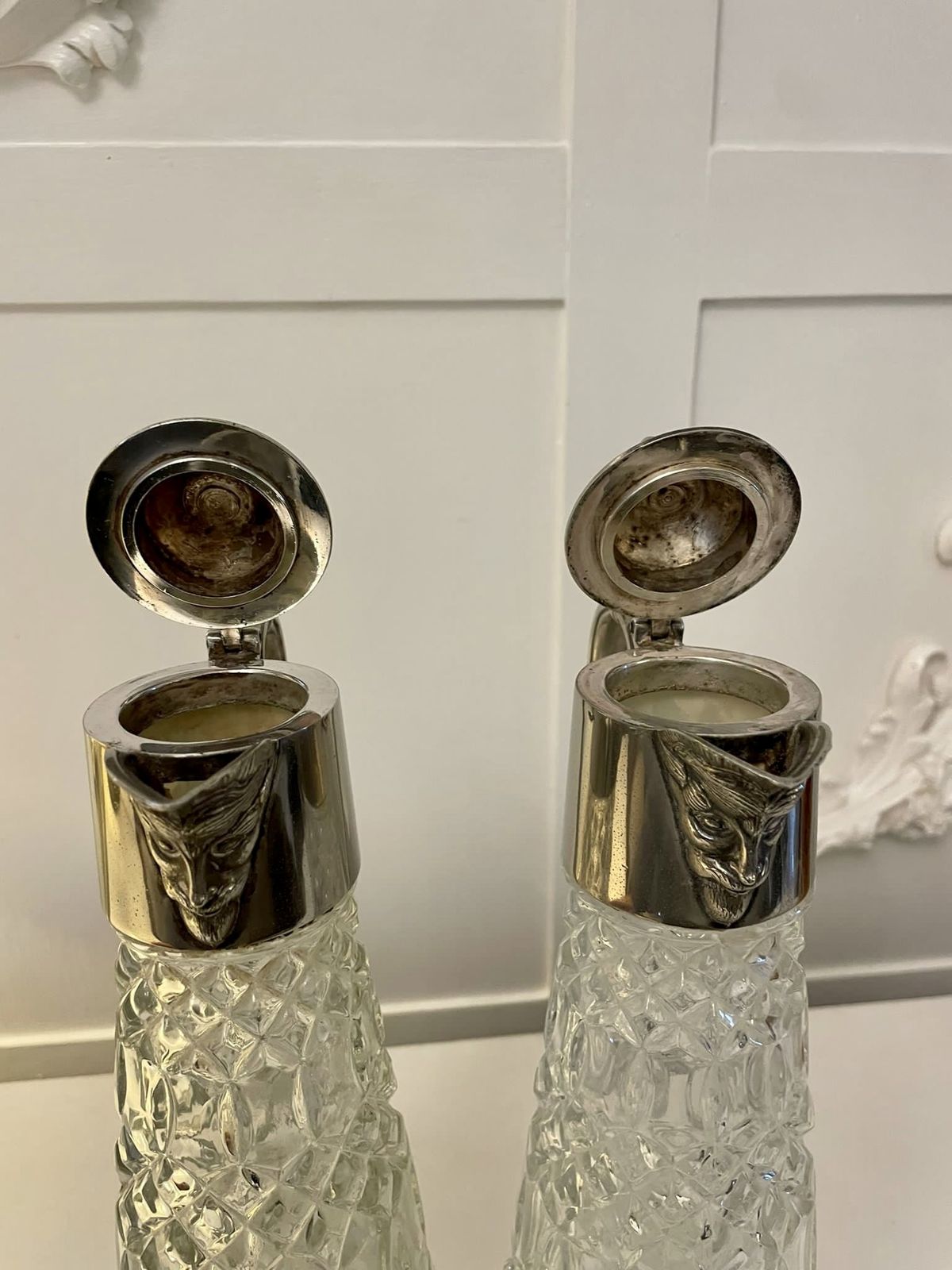 Pair Of Antique Early 20th Century Quality Silver Plated And Cut Glass Claret Jugs photo vintage