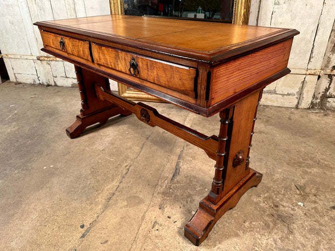photo furniture Rare Howard And Sons Stunning Quarter Sawn Oak And Baltic Pitch Pine Tooled Leather Aesthetic Movement Writing Desk Console Circa 1870