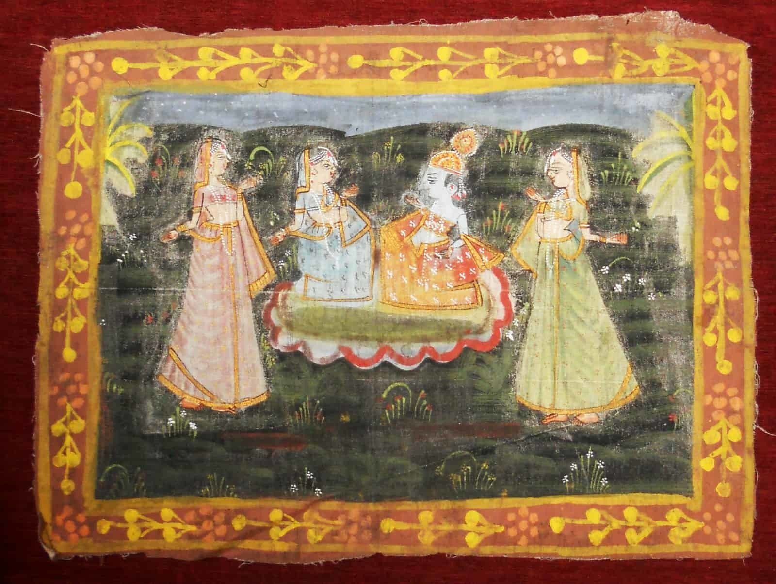 1960s Original Traditional Tempera Painting On Canvas India Garden Lovers 6