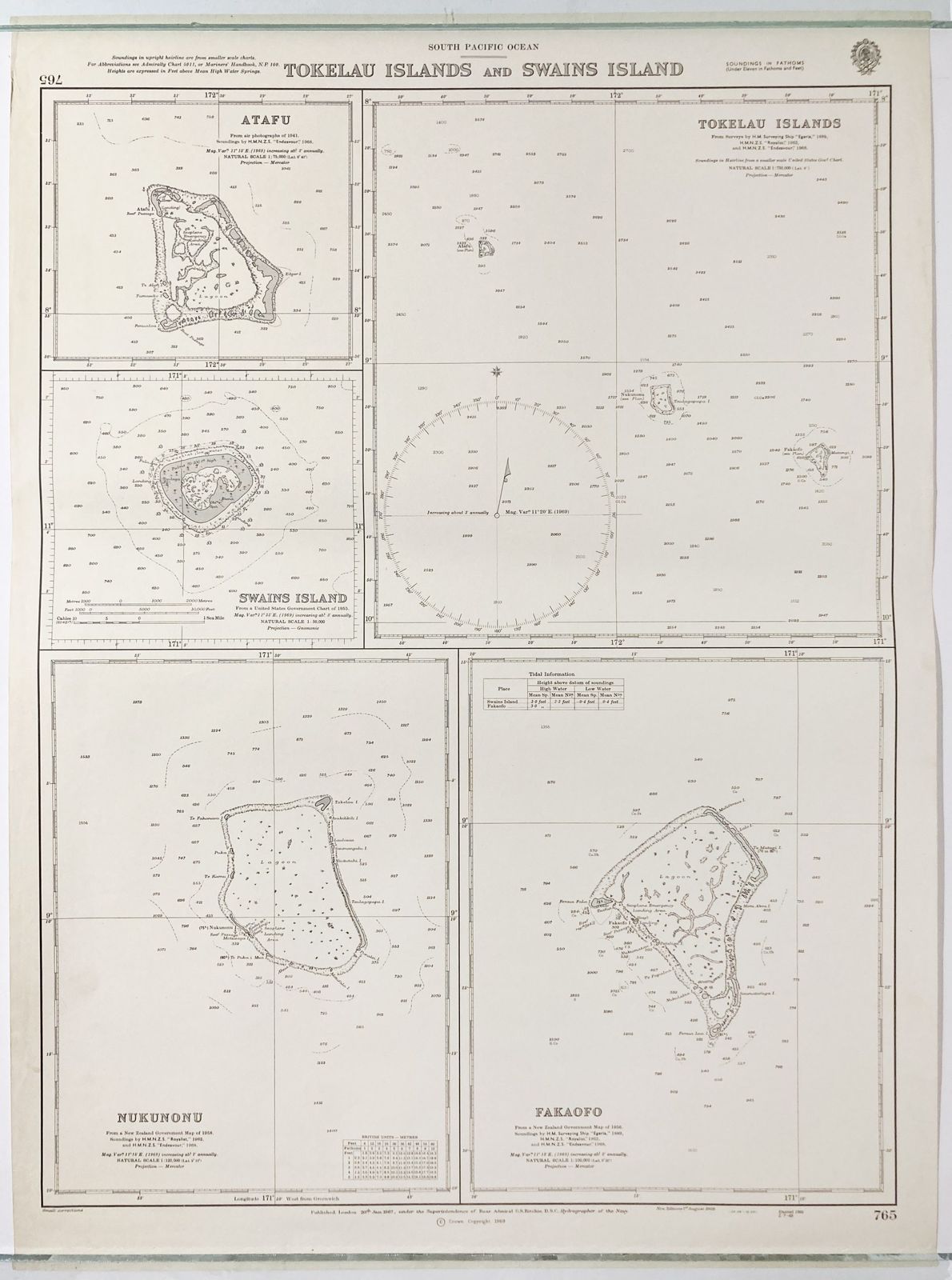 Nautical Chart Admiralty Tokelau Swains Islands South Pacific 1969